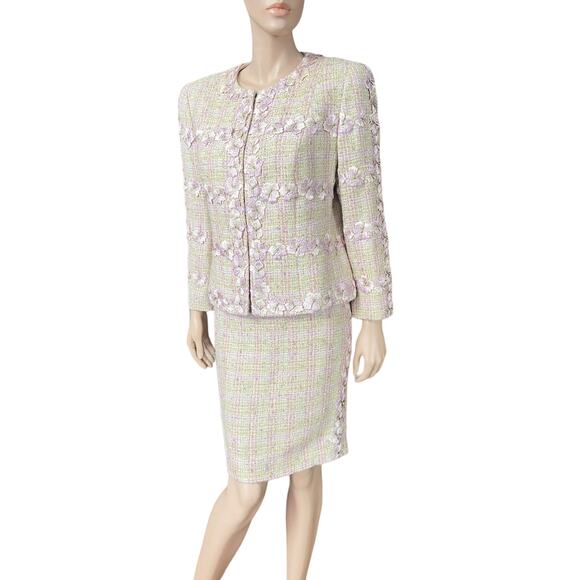 Rena Lange Lime Powder Tweed Embroidered Suit Size 14 US